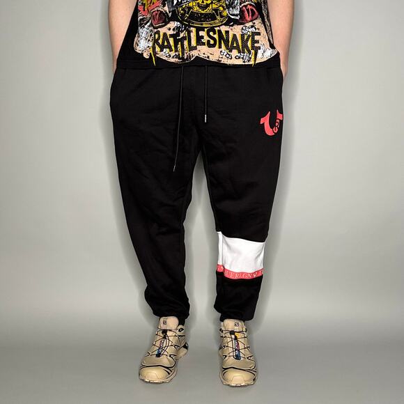 Vintage Y2K True Religion Sweatpants Mens M Black Salmon Pink Logo Joggers - Picture 2 of 4
